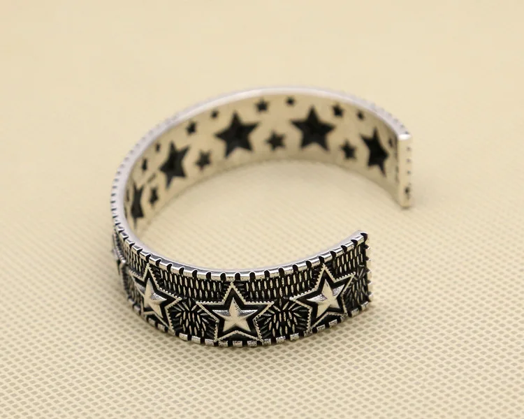 Manufacturer wholesale trendy hip-hop S925 pure silver pentagram bracelet men's Korean version fashionable open mouth Thai silve