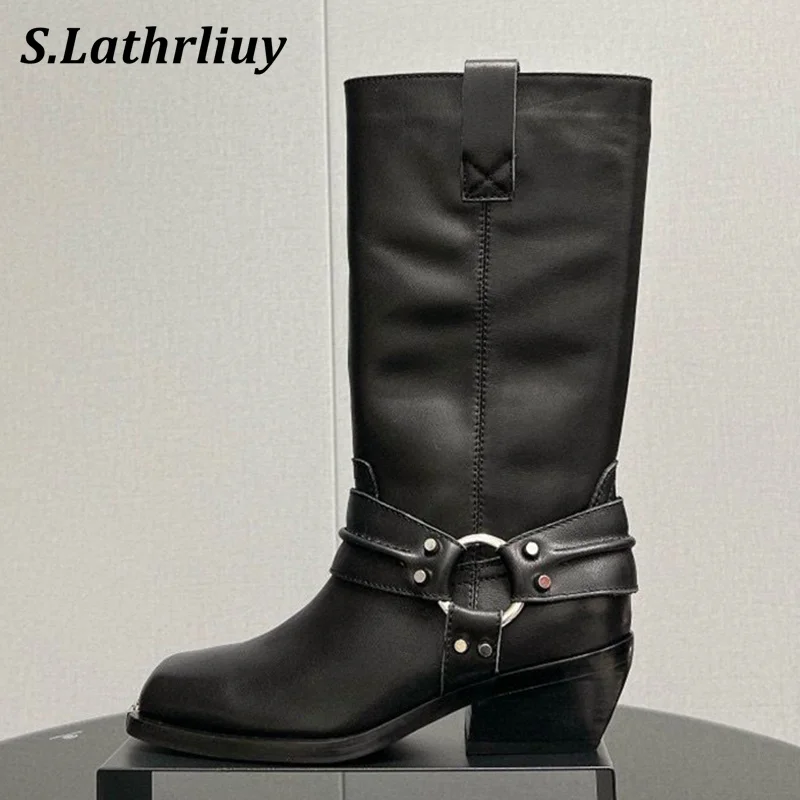 

Autumn Winter Genuine Leather Mid Heels Knight Boots Women's Metal Buckle Chunky Heels Mid Calf Boots Square Head Short Botas