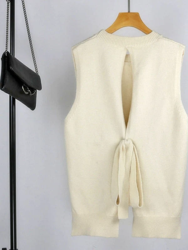 Loose Knitted round Neck Vest Women's Sleeveless Top Fashionable  Color Open Front Wide Neck Design Summer Commute Style