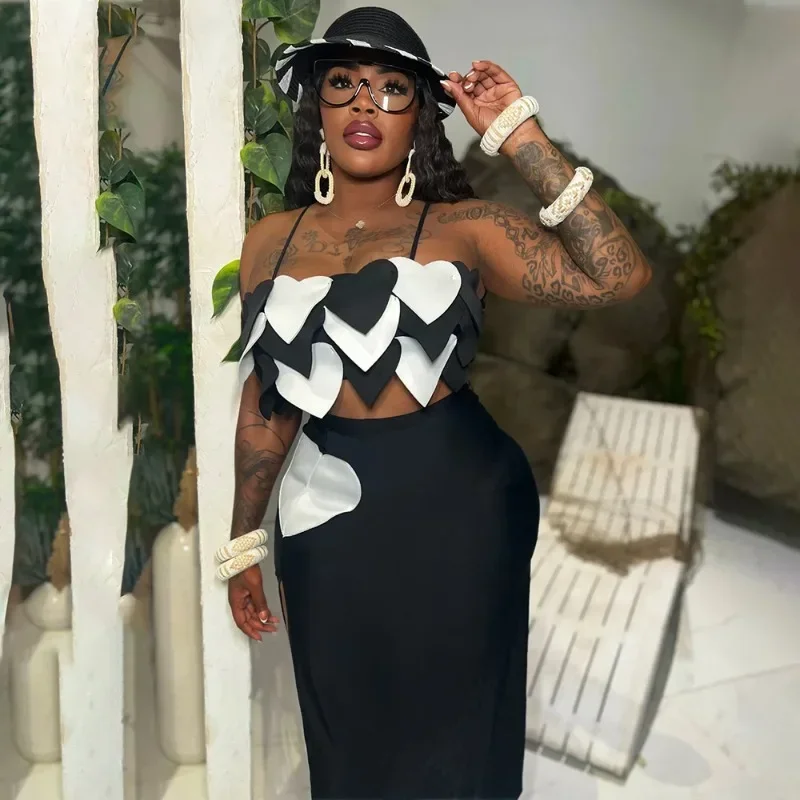 

GUWU Fashion Women's Set Sweatheart Love Crop Top and Midi Maxi Skirts Sexy Night Party Club Evening Two 2 Piece Sets Outfits
