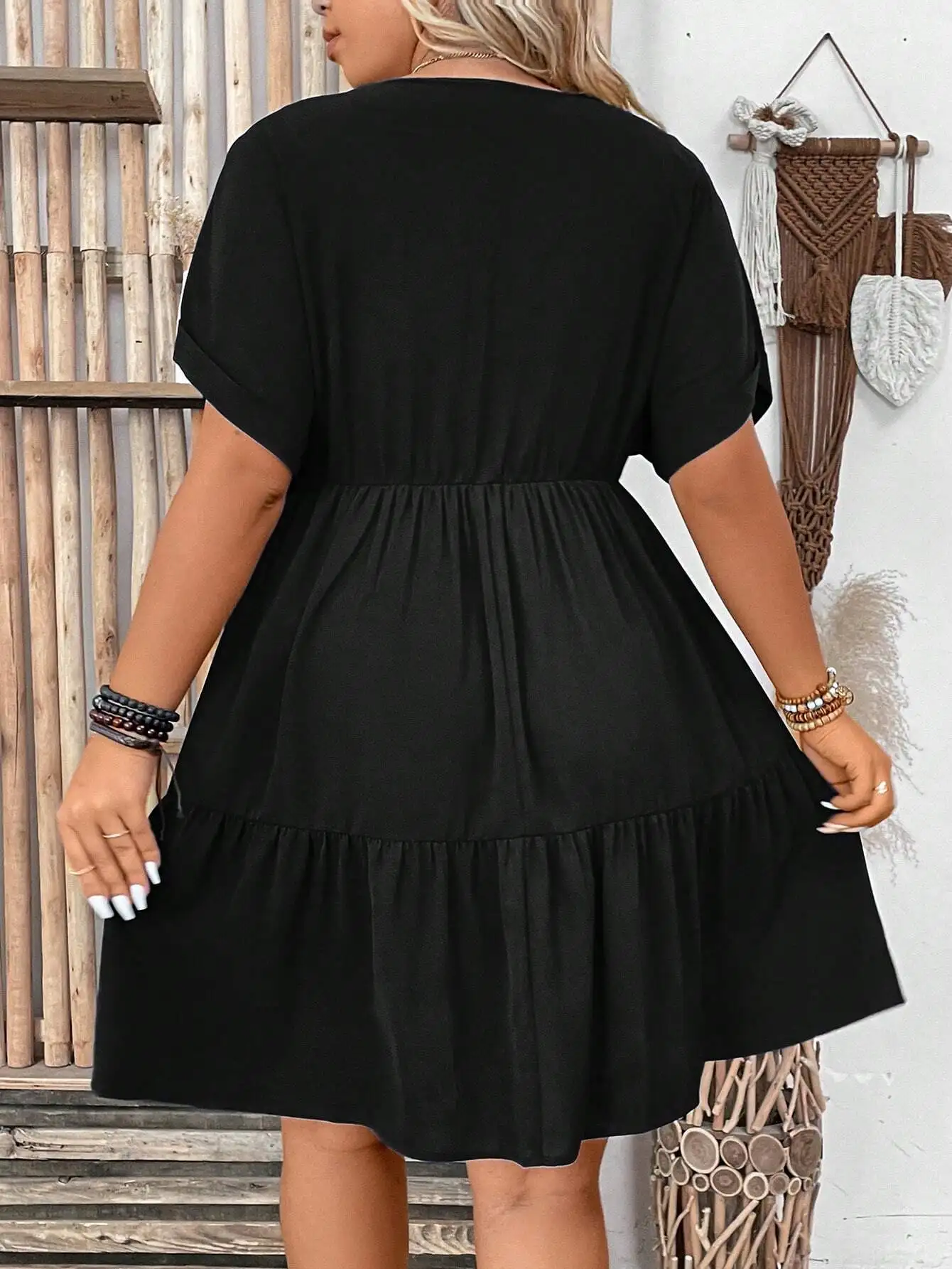 

Женское повседневное платье больших размеров с глубоким V-образным вырезом, рукавами-крылышками и коротким рукавом, однотонное, летнее