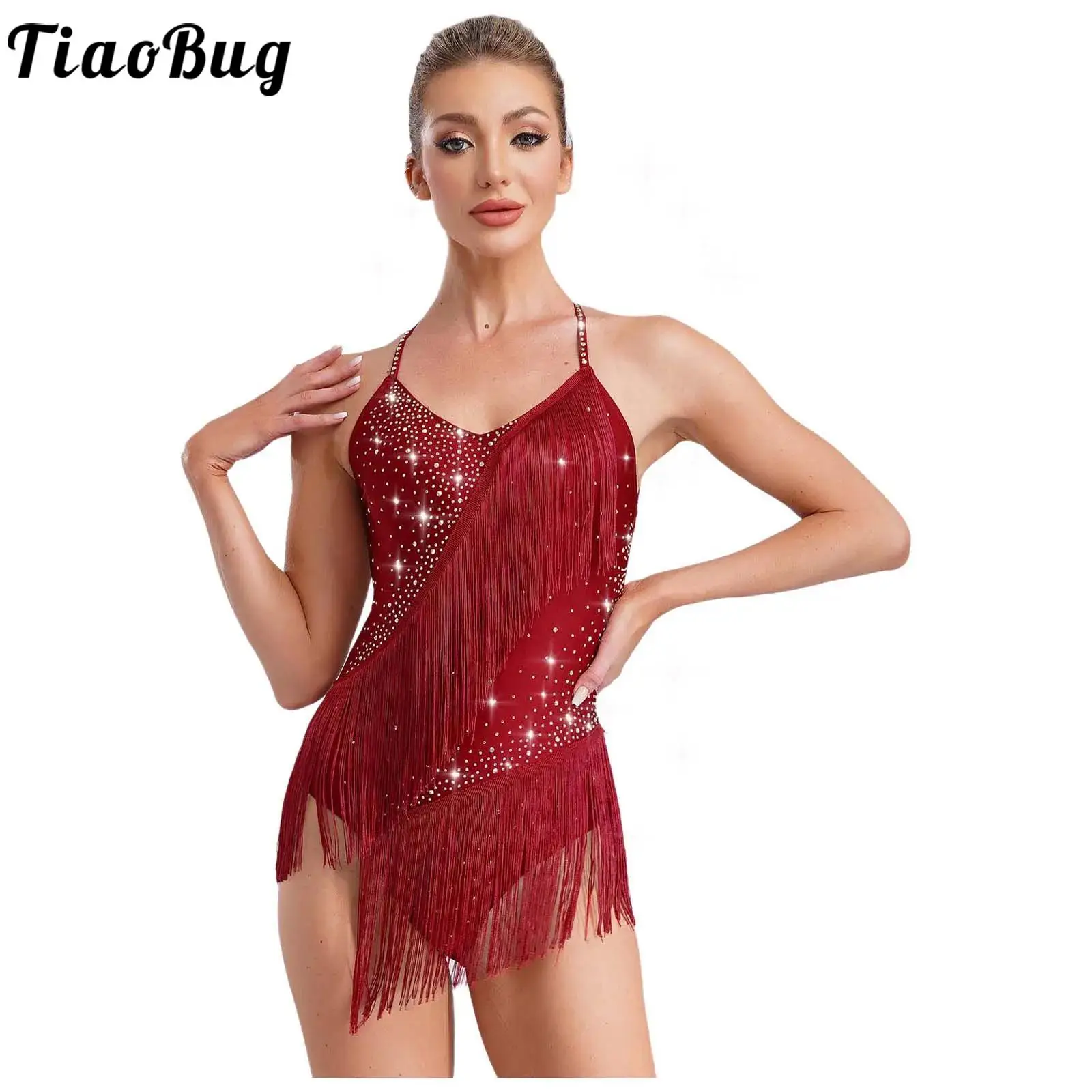 

Women Sleeveless Halter Neck Latin Tango Dance Dress with Rhinestones Backless Tassels Patchwork Leotard Gymnastic Skating Dress