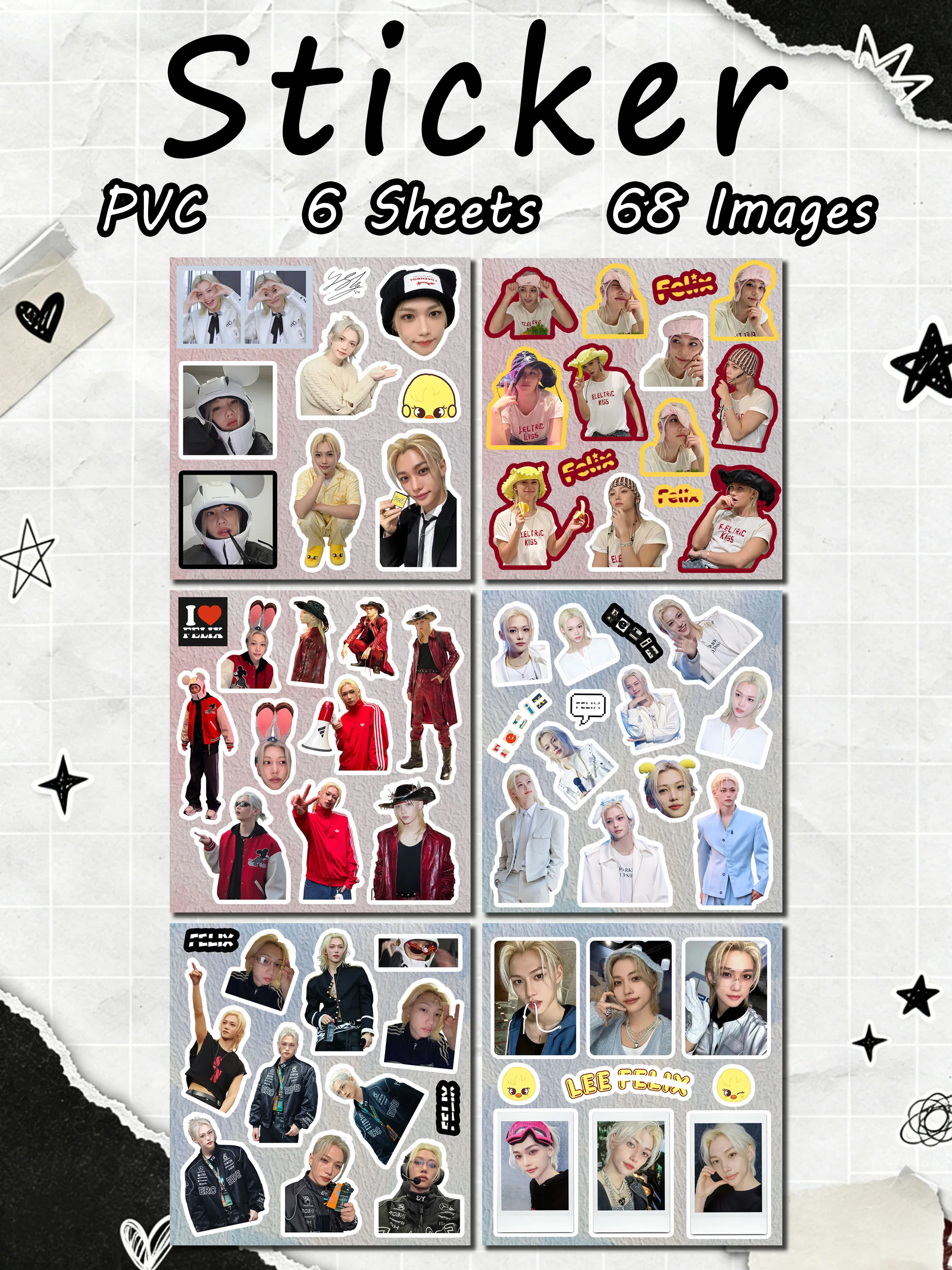6 sheets 68pcs SKZ felix Yong-bok stickers, cute images,suitable for hanging on suitcases, bags,the best gifts for STAY