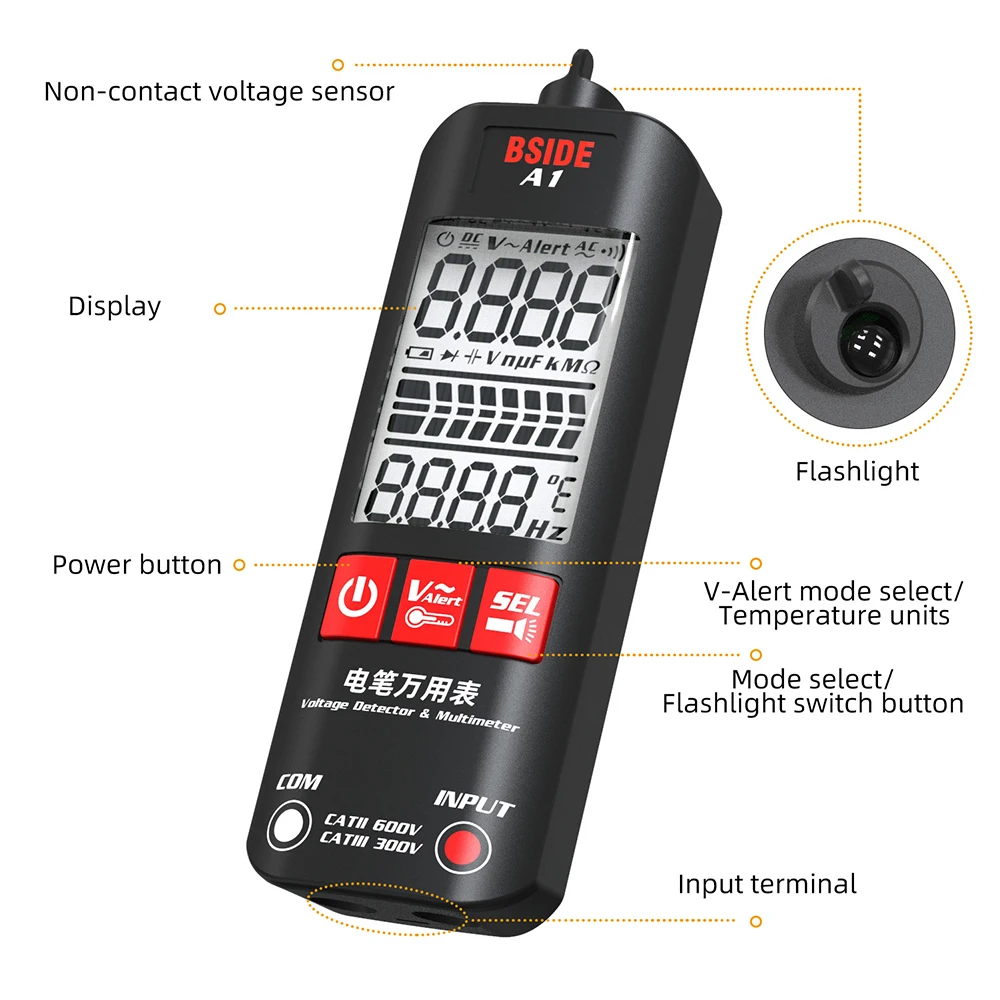 BSIDE A1 Mini Multimeter LCD Digital Tester Voltage Detector 2000 Counts DC/AC Voltage Frequency Resistance NCV True RMS Meter