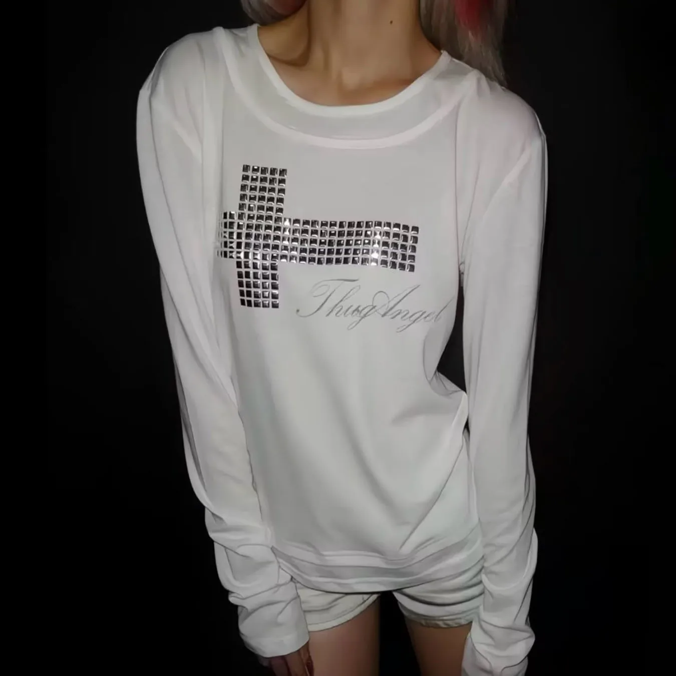 Autumn and Winter New Gothic Style Cross Hot Stamping Print White Spicy Girl Round Neck T-shirt Slim Fit Long Top