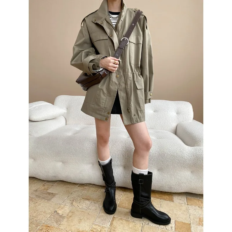 EAEOVNI Vintage Khaki Mittellange Windjacke Frauen Taschen Kordelzug Geraffte Taille Mantel Jacke Mode 2025, Herbst Neue