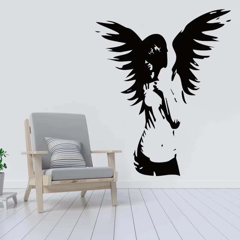 Banksy Style Angel Girl Wing Gothic Wall Sticker Vinyl Home Decor Room Bedroom Fashion Store Window Decal Wallpaper Mural G112