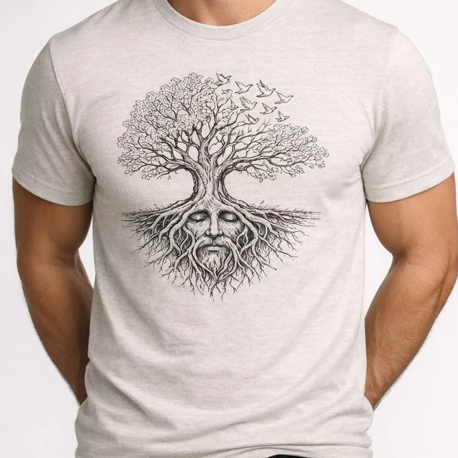 Tree of Life T Shirt Fine Line Art Green Man Nature Lover Cotton vintage Washed Breathable Casual Comfortable Stretched Soft