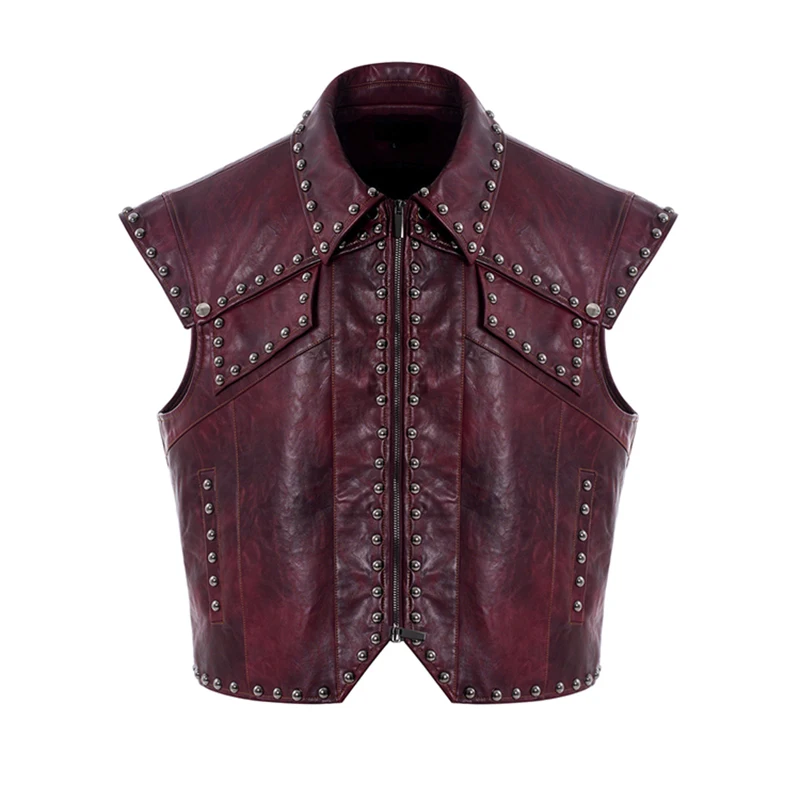 FEWQ Niche Design Rivet PU Leather Jacket Vest Men\'s Punk Turn-down Collar Sleeveless Solid Color Male Tops Fashion 24E2161