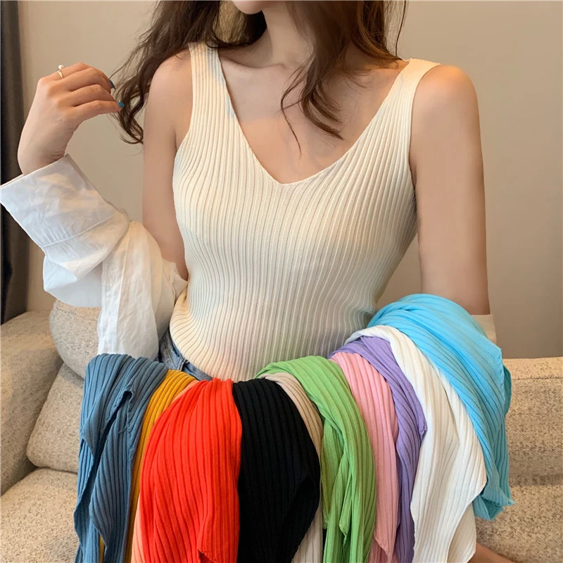 V-neck Knitted Ice Silk Sleeveless Top Thin Vest Knit Sweater Women Sexy Slim Camisole Female Women Clothing Spring Summer Fall