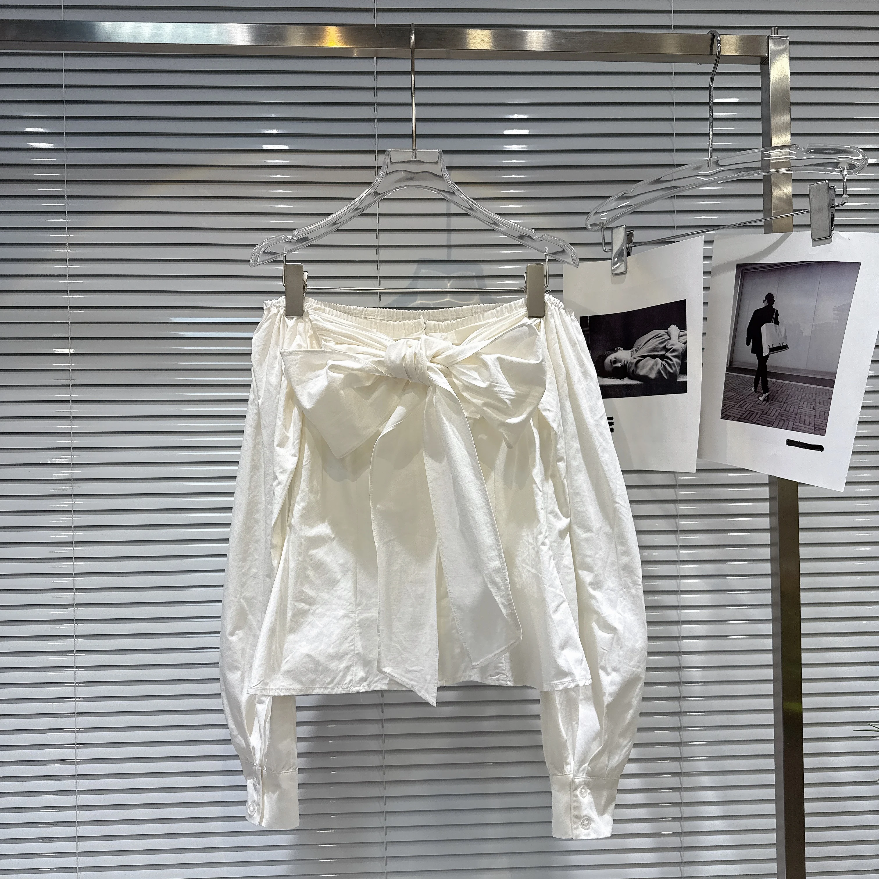 

Gagarich Sweet Blouse 2025 Autumn New Style Sweet Temperament One Shoulder Large Bow Tie Tied Long Sleeved Shirt Top Women