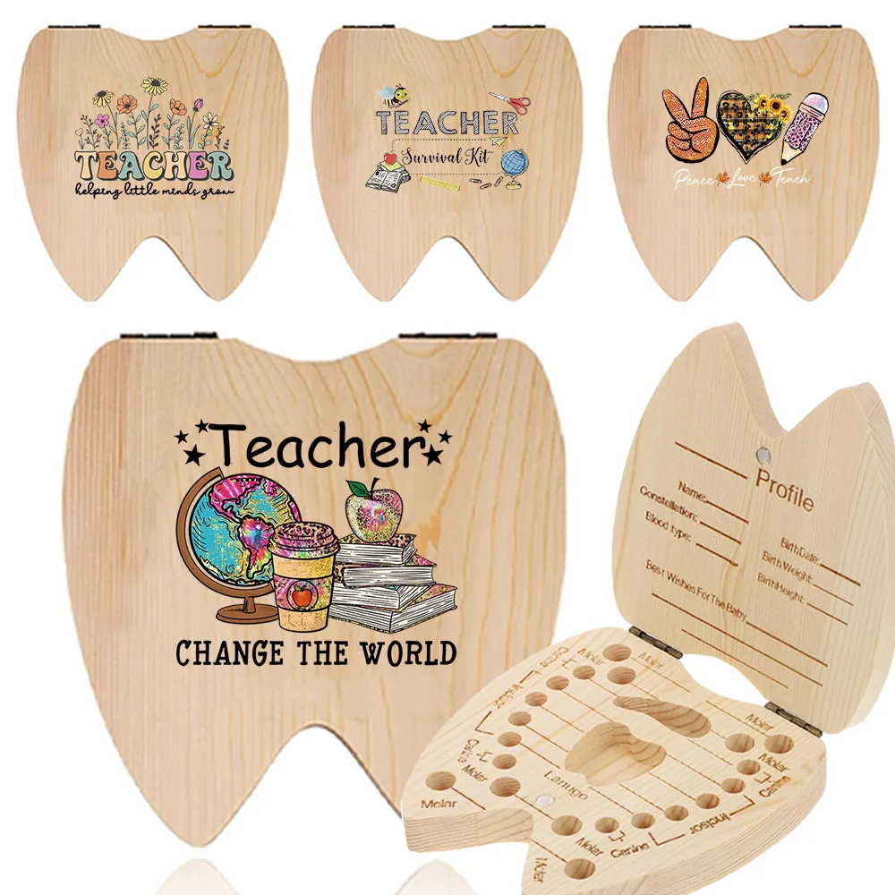 Baby Deciduous Tooth Wooden Memorial Case Kid Teeth Organizer Portable Tooth Saver Infant Teeth Holder Teacher Pattern