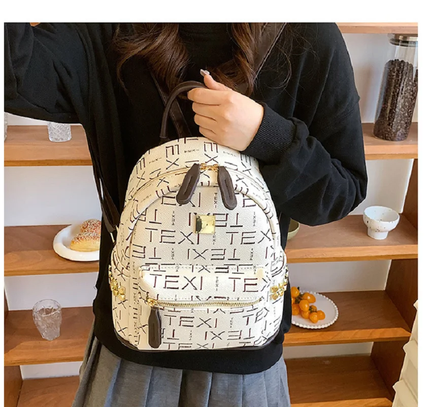 Hot Sale Fashion Luxury Women Leather Printing Letters Backpack Large Capacity School Bag Casual Travel Shoulder Backpacks