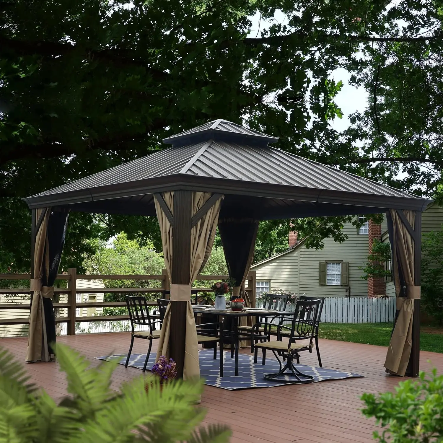 

Curtain and Netting, Permanent Gazebo Pavilion for Patio, Backyard, Deck, Lawn (Brown)