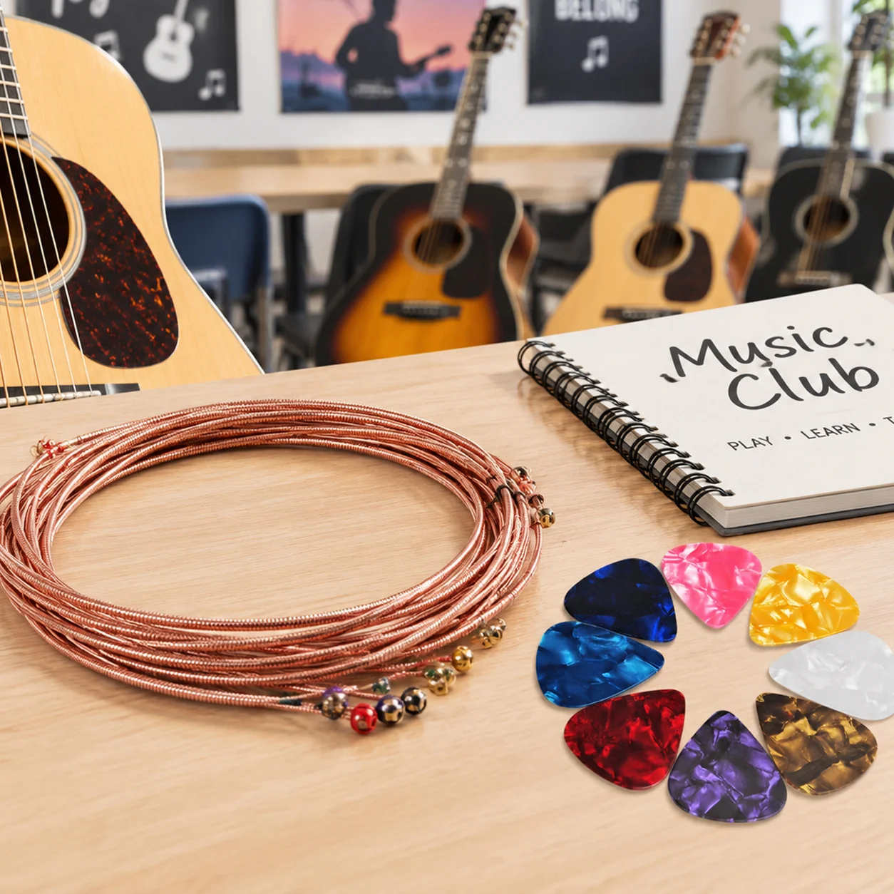 Red Copper Acoustic Guitar Strings & Picks Kit Wound Replacement Strings Metal Loops Random Color Celluloid Plectrums for TMZ