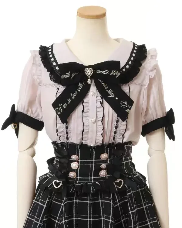 Rojita-camisa Lolita con cuello de encaje para mujer, blusas de manga corta ajustadas con lazo en los hombros, Tops bonitos de verano