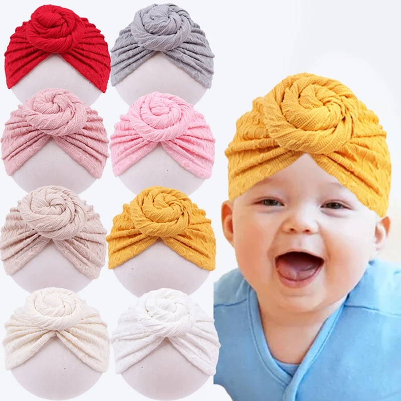 

Однотонные ребристые шапки-тюрбаны, шапки с пончиками и узлом для новорожденных мальчиков и девочек, больничные повязки на голову для малышей, модные детские аксессуары для волос