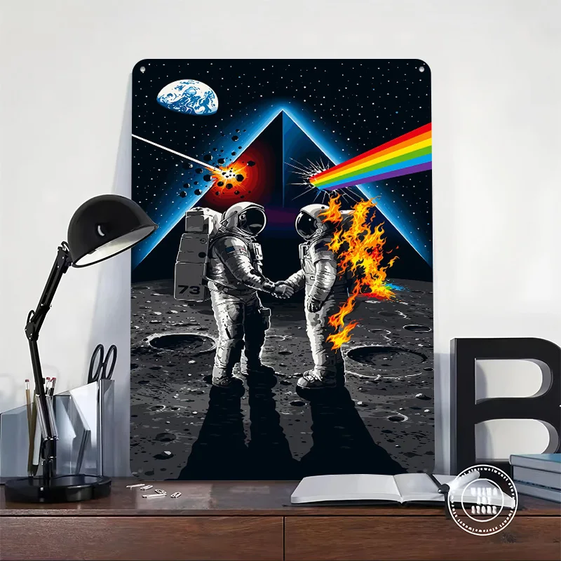 Pink Floyd Astronauts Shaking Hands Personalized 3D Textured Metal Poster Wall Art Tinplate Sign for Modern Home Decoration Room