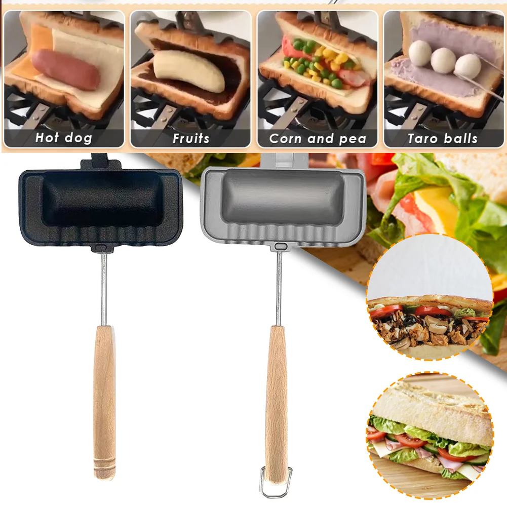 Hot Dog Toaster Double-Sided Non-Stick Pan Flip Design Compact Sandwich Maker for Home Camping Ergonomic Wood Handle Quick Snack