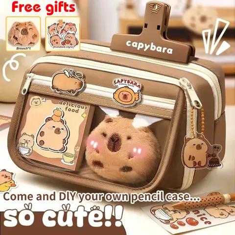 대용량 연필 가방 Capybara 만화 캔버스 편지지 홀더 가방 브로치 스티커 클립 키 체인 어린이 펜 케이스