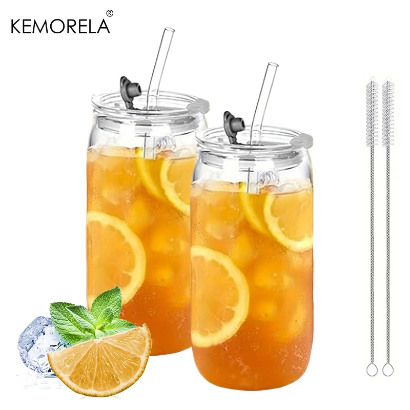 KEMORELA 1/2 Uds 470ML taza de vidrio con tapa de paja jugo bebida cerveza taza café leche taza de agua transparente para fiestas