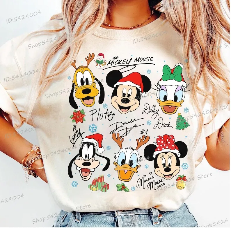

Retro Mickey and Friends Christmas Lights Shirt Cartoon Mickey Minnie Donald Duck Print T Shirt Women Men Cotton Xmas Clothing