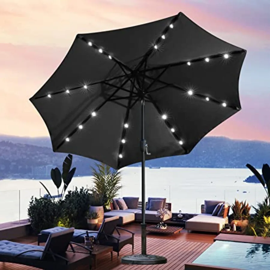 9' Solar LED Lighted Patio Umbrella with 8 Ribs/Tilt Adjustment Crank Lift System