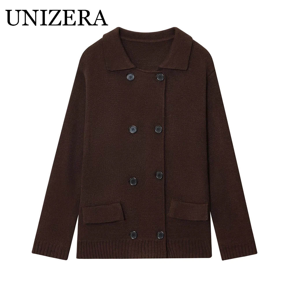 

European and American autumn new women's loose casual long sleeved double breasted lapel knitted cardigan