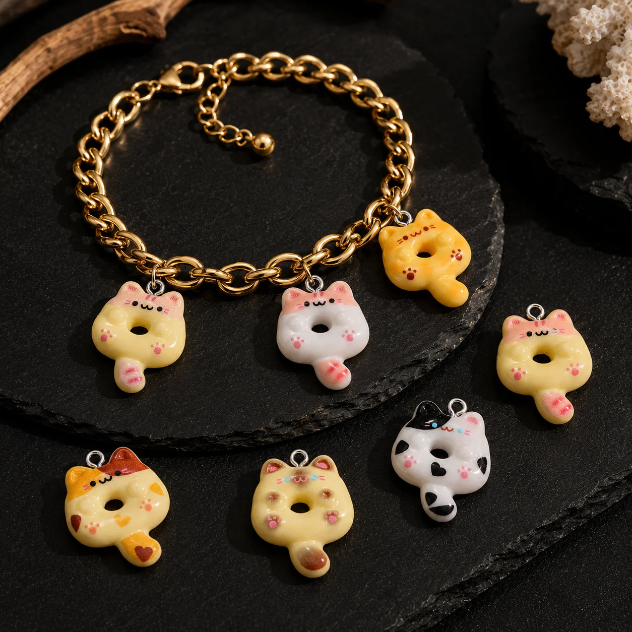 10 Stück/Lot Niedliche Donut-Katzen-Tier-Anhänger aus Harz für Schmuckherstellung, Zubehör, DIY-Ohrringe, Halsketten, Schlüsselanhänger – Detail 1