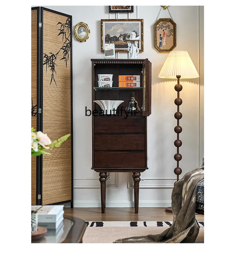 

X Wood Wine Cabinet Black Walnut Color Living Room Wall-Mounted American Style Glass Light Luxury High-End Display Cabinet