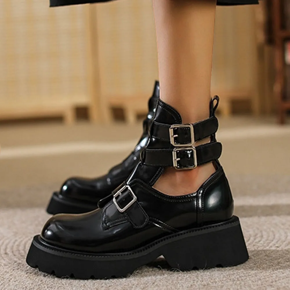 Boots Woman 2024 Trend New Hollow Out Buckle Ladies Round Toe Punk Style Sandals  34-43 Large-Sized Female Locomotive  Boots