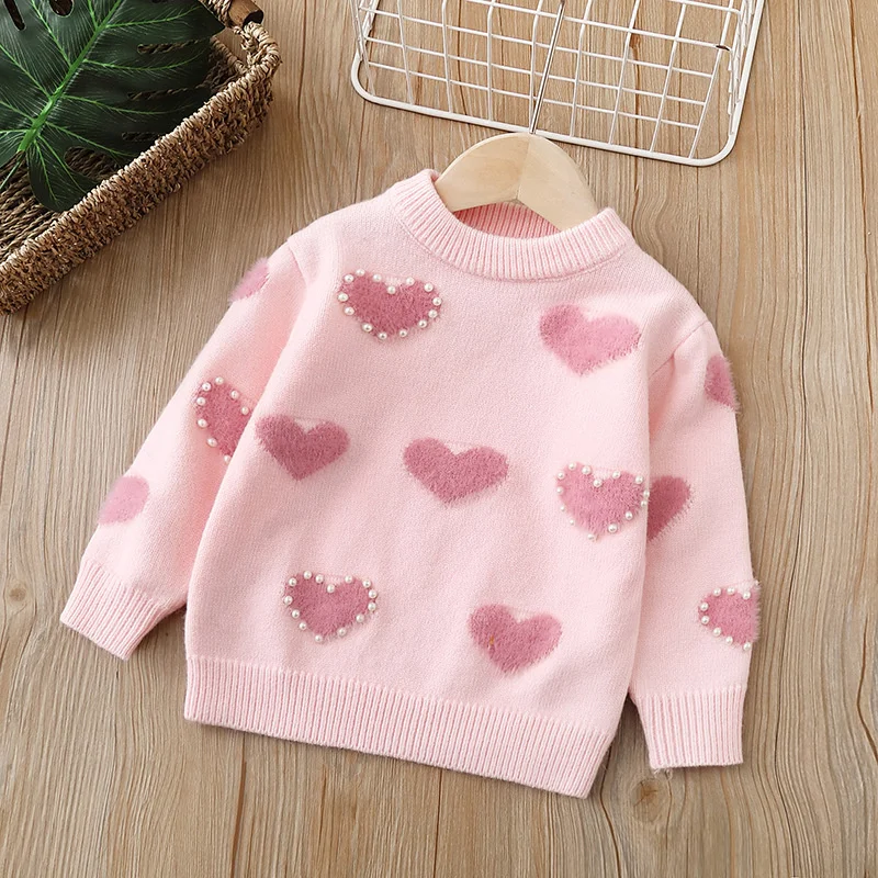 

2-6Years Children's Knitted Sweaters Love Pearl Kids Girls Sweater Clothes Winter Autumn Soft Baby Knitted Clothing 2023