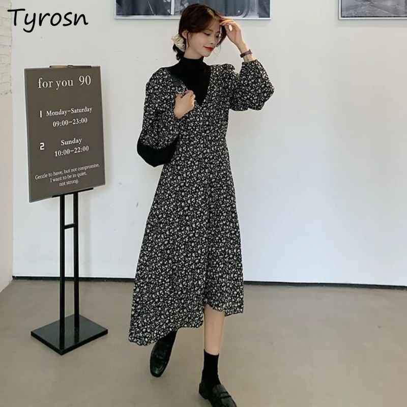 

Dresses Women Classic Design Floral M-3XL Comfortable Korean Style Simple All-match Autumn Turtleneck Ladies Leisure Retro New