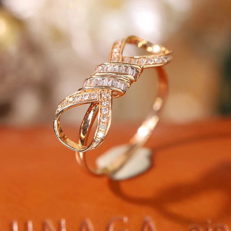 Aazuo 18K Solid Gold Yellow Gold Real Natural Diamonds 0.30ct Luxury Bowknot Ring Gift for Woman Engagement Party Au750 Original