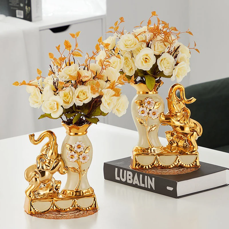 European Style Ceramic Gold Vase Arrangement Dining Table Home Desktop Decoration Accessories Creative Golden Elephant Vases