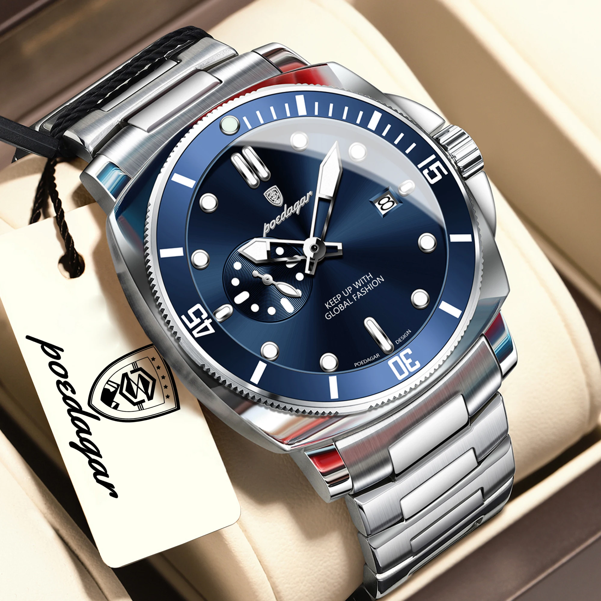 POEDAGAR Top Business Herrenuhr Leuchtend Wasserdicht Datum Quarz Herren Armbanduhr Edelstahl Original Herrenuhren Männliche Uhr