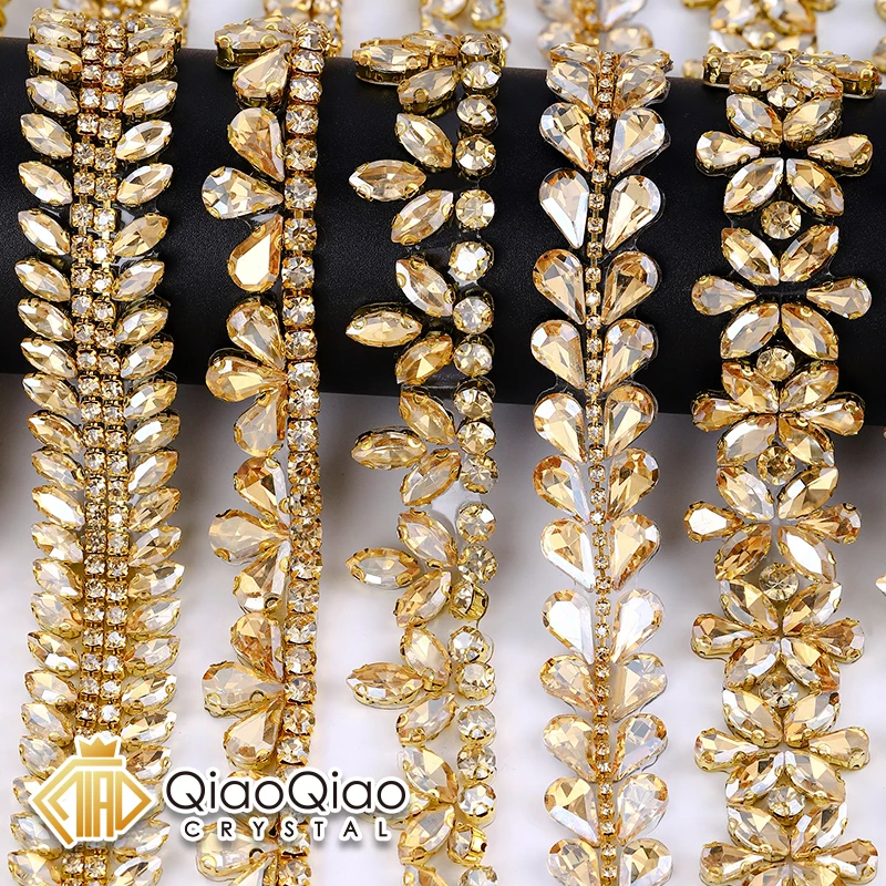 QIAO Hot Fix Gold Shadow Rhinestone Trim for Garment Bags Wedding Dress DIY Crafts Crystal Strips Iron on Handmade Accessories