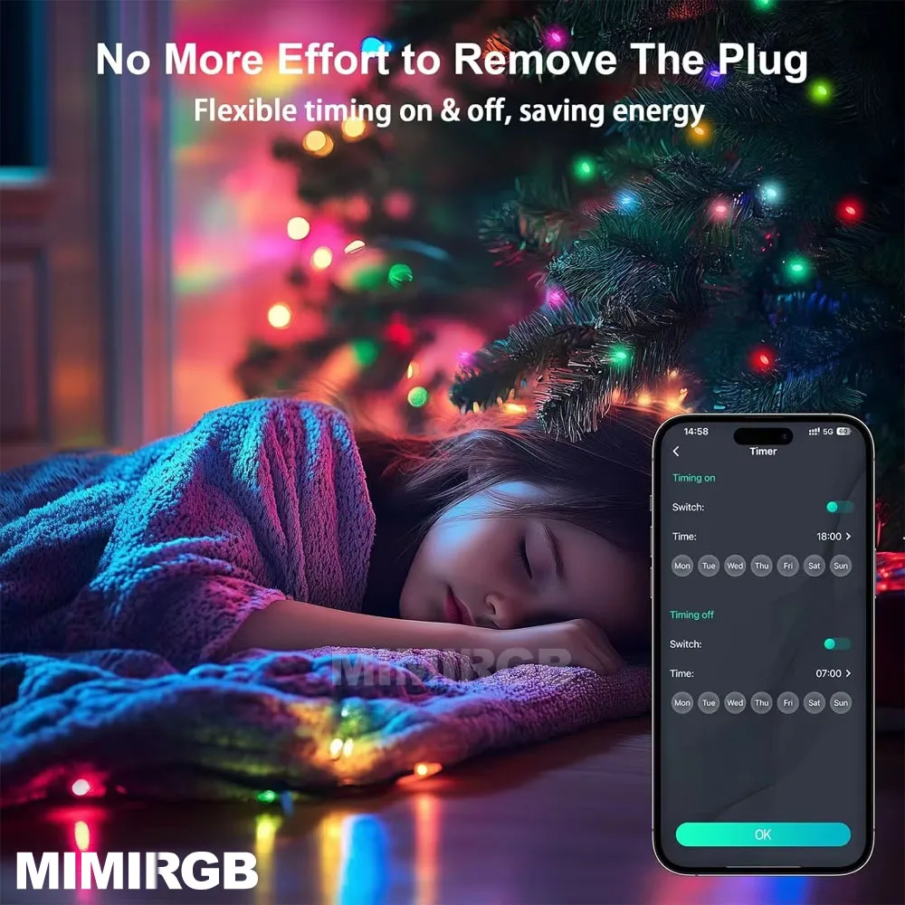 أضواء شجرة عيد الميلاد 20 متر سلسلة أضواء الجنية ث/التحكم في التطبيق مزامنة الموسيقى 12 طرق IP65 مقاوم للماء USB بالطاقة لعيد الميلاد ديكور المنزل