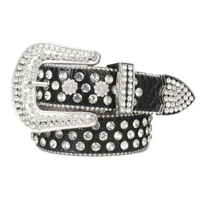 

Western Flower Rivet Rhinestone PU Leather Women Belt Punk Hiphop Plus sizeBelt for Ladies