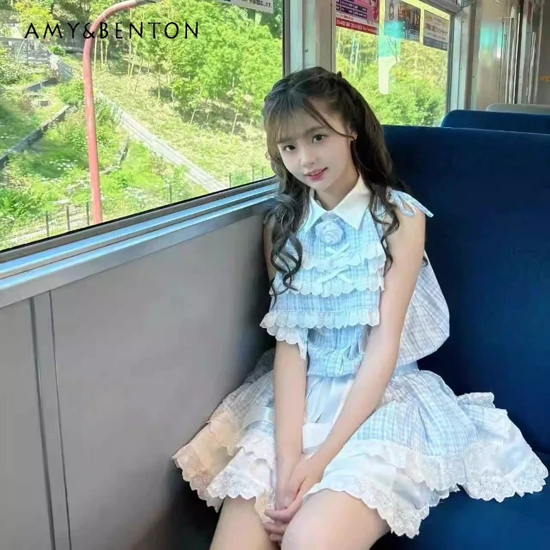 

Japanese Sweet Cute Lace Women's Sleeveless Dress Summer Blue Plaid Polo Collar Bow Princess A-line Cake Puffy Dresses Ladies