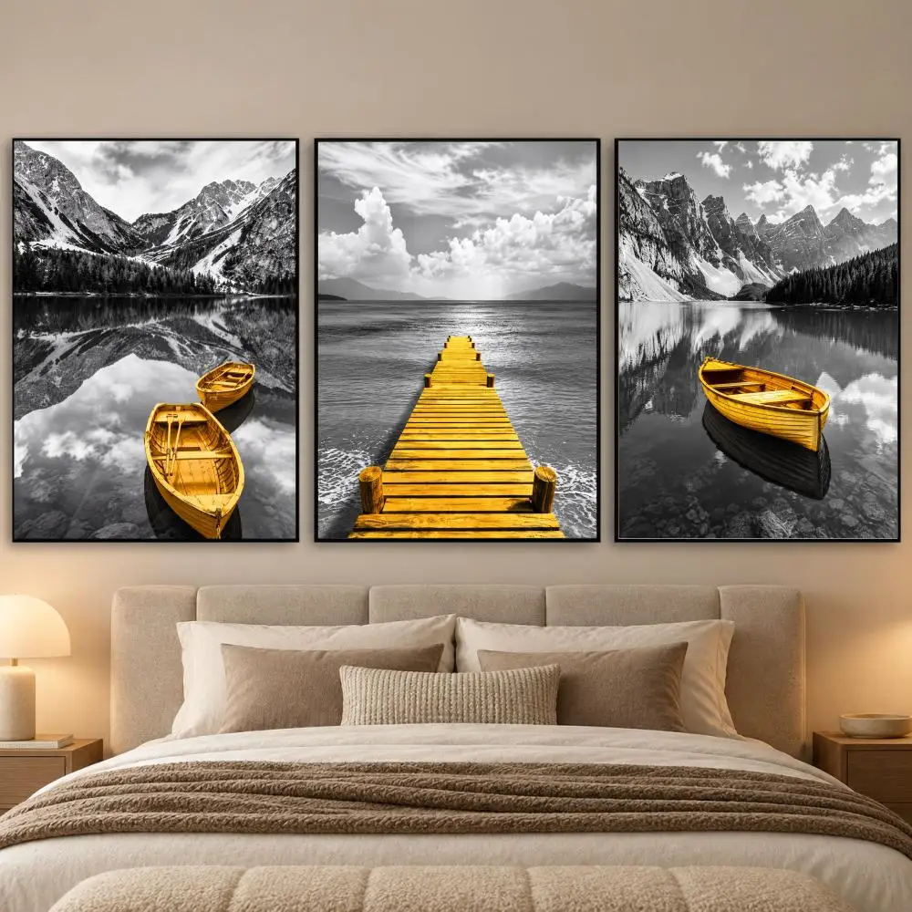 Yellow Boat On The Lake Landscape Painting Calligraphy 3 PCS Canvas Wall Art Prints for Living Room Decor Vintage Fashion Decals