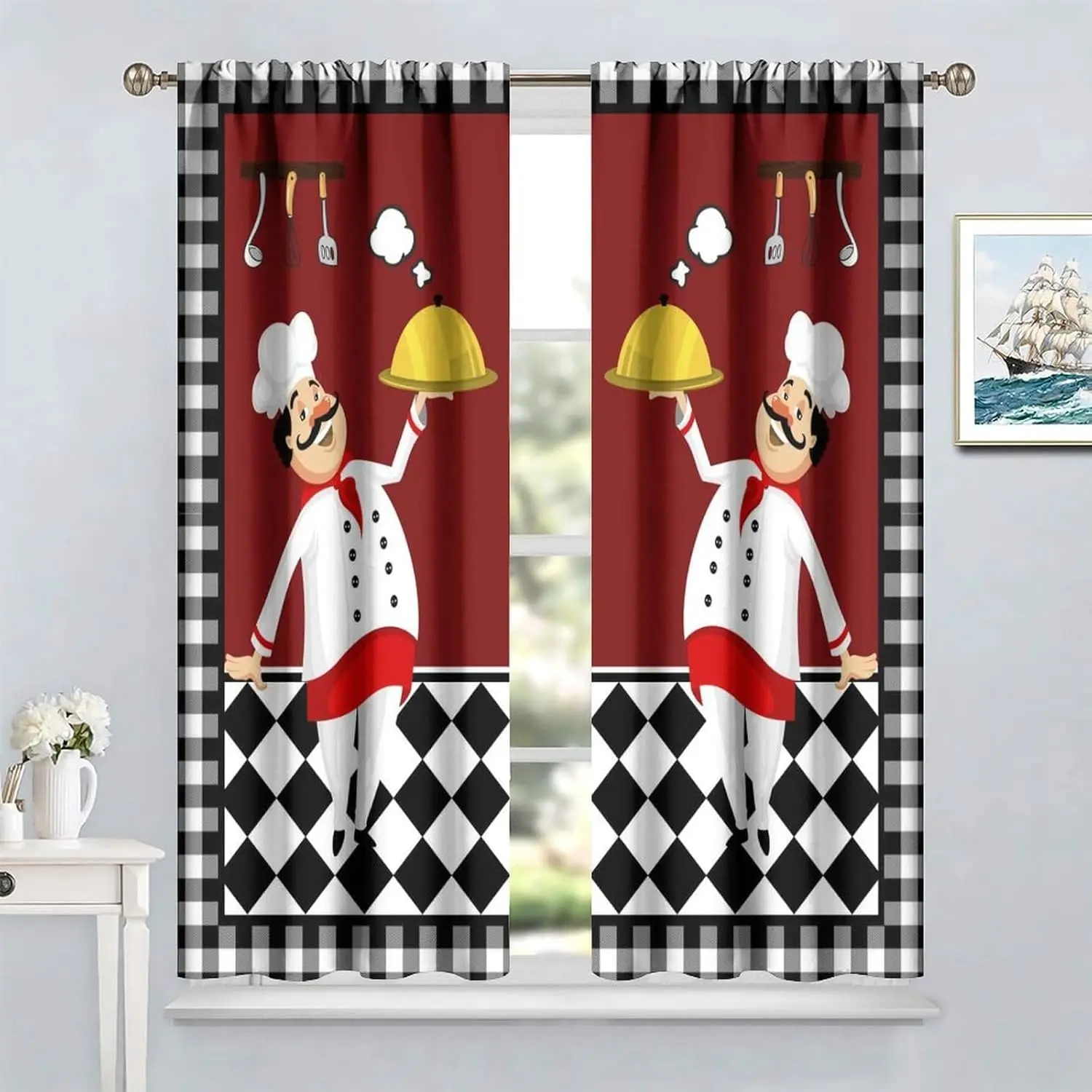 Vintage Kitchen Chef Curtains Abstract Mid Century Fat Chef Black White Check Plaid Room Darkening Rod Pocket Window Treatment
