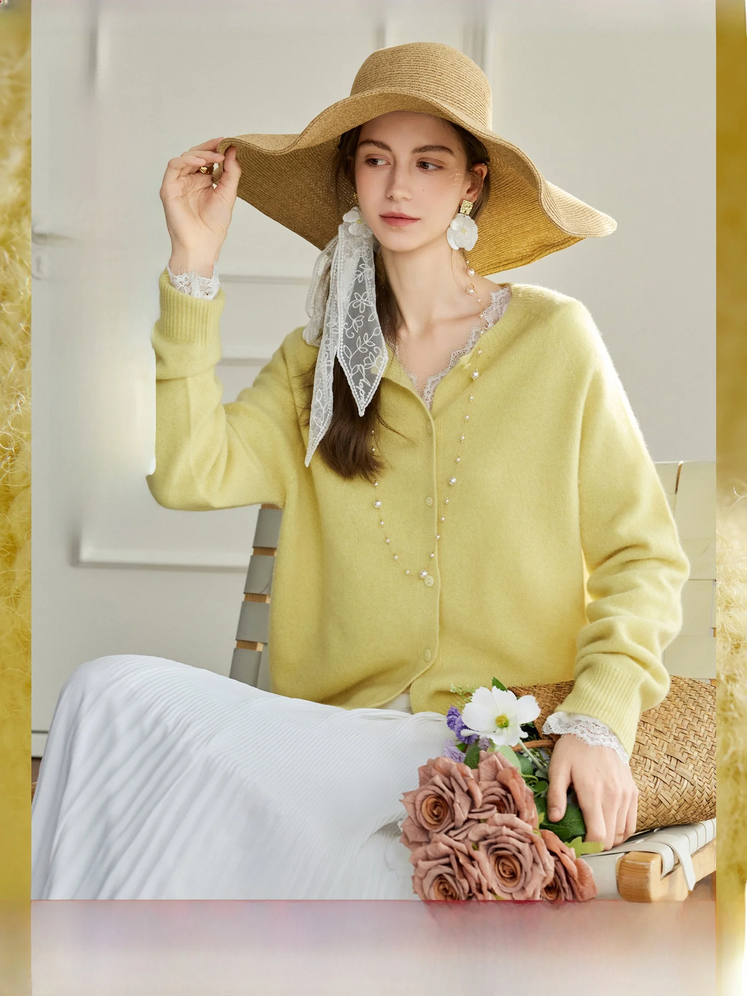 

Yellow Knitted Woolen Cardigan Women's Inner Wear Spring Top Soft Loose Fit Long Sleeve Button Design Comfortable Ladies Sweater
