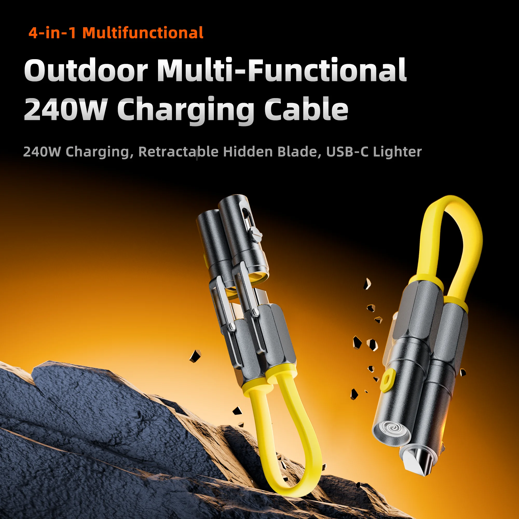 Portable 22cm 240W Dual Type-C Fast Charging Cable Zinc Alloy TPE Hidden Blade Outdoor Emergency Ignition Tool