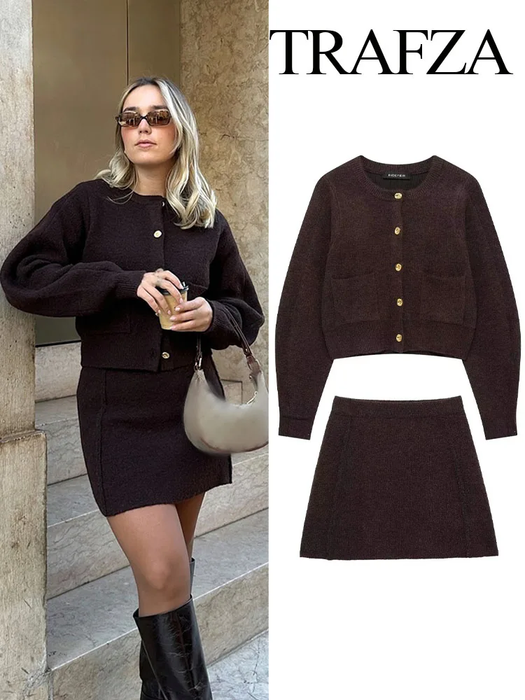 Trafza saia feminina terno moda o-pescoço malha manga longa único breasted bolso cardigan + cintura elástica magro mini saia 3 cores
