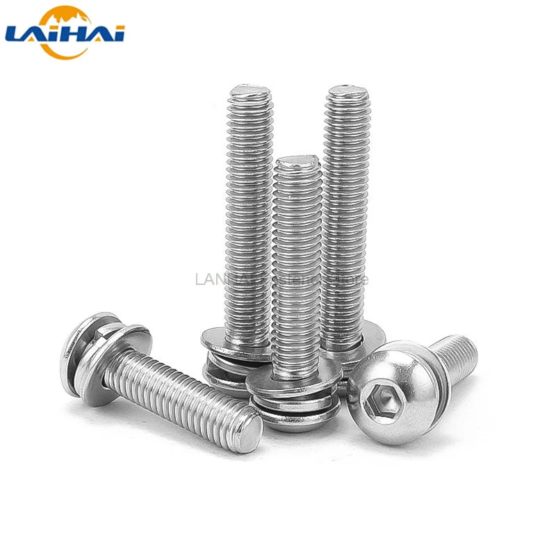 1/50pcs M3 M4 M5 M6 M8 304 Stainless Steel Hexagon Hex Socket Button Head SEM Screw Flat With Washer Spring Gasket Assemble Bolt