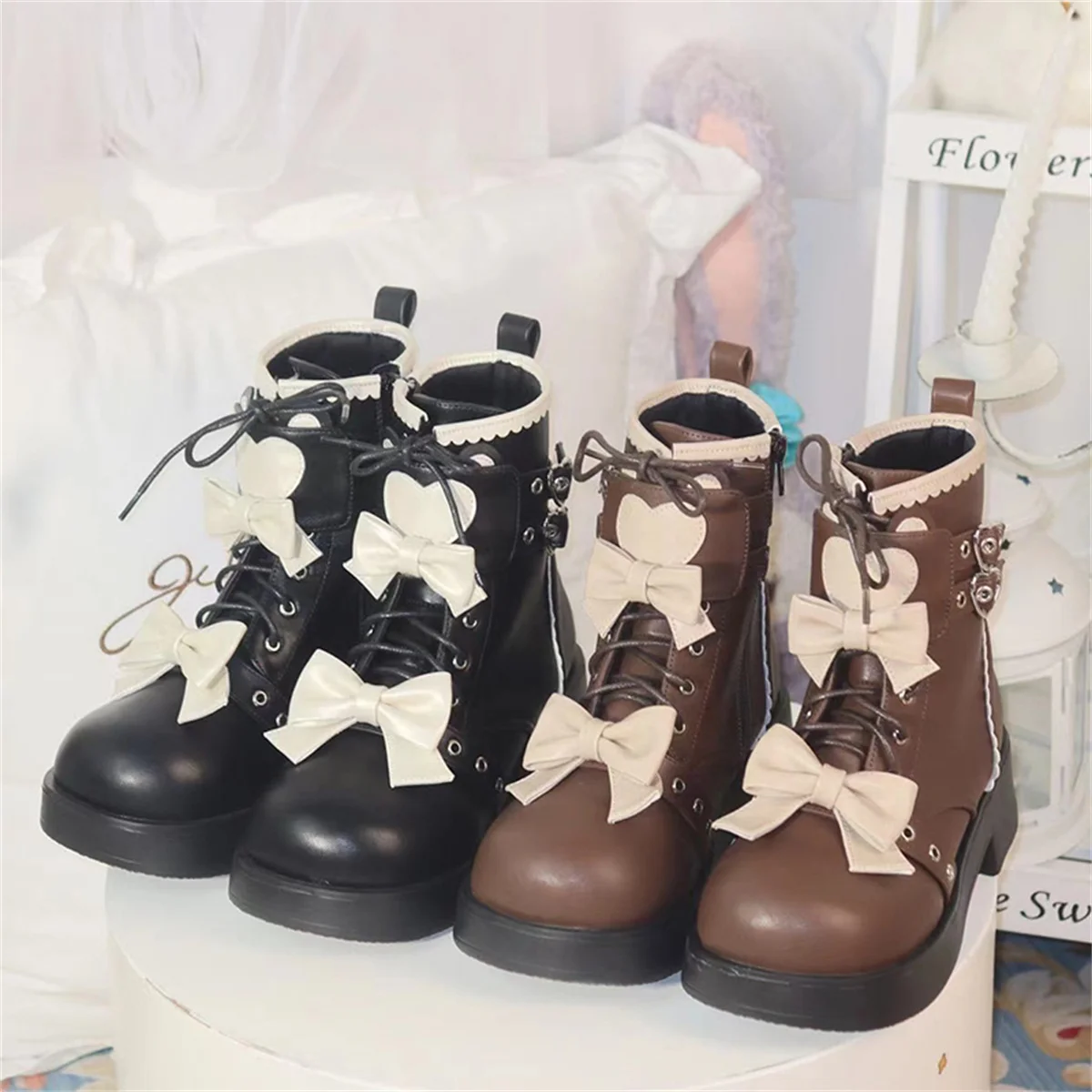 

Japanese Sweet College Style Kawaii Girls Shoes Cosplay Bowknot Love Lacing Strap Round Head Thick Bottom 2.5-4.5cm Ankle Boots