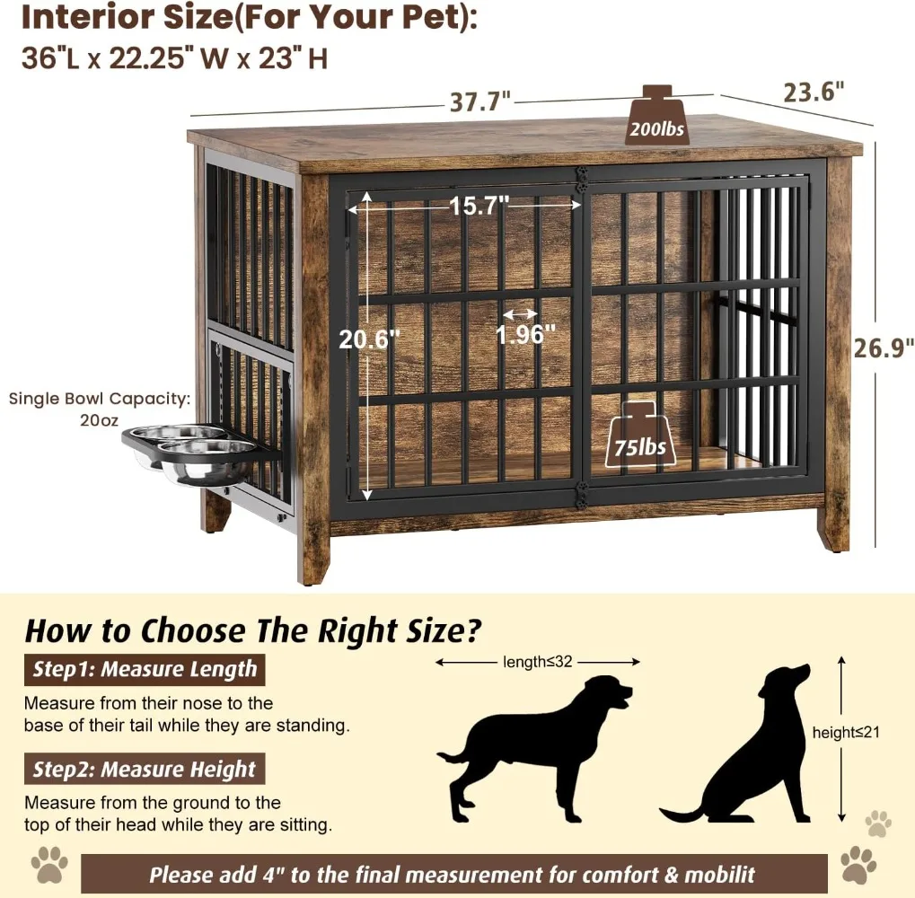 بيت كلب خشبي مقاس 37.7 بوصة داخلي مع 360 درجة °   وعاء تغذية بارتفاع دوار وقابل للتعديل، قفص كلب للطاولة ذو نهاية جانبية شديدة التحمل