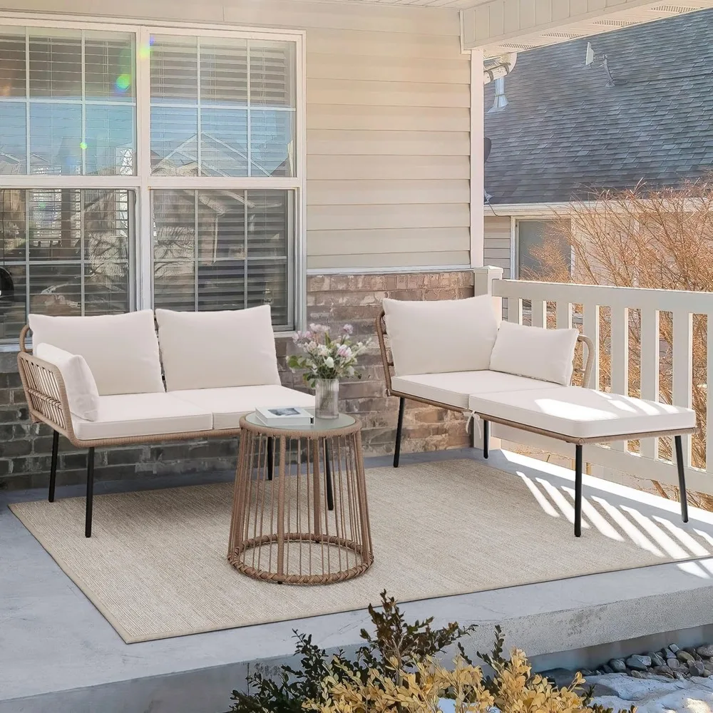 

3 Piece Patio Furniture Set Wicker Patio Sectional with Removable Cushions and Coffee Table All-Weather L-Shaped Sectional Conv