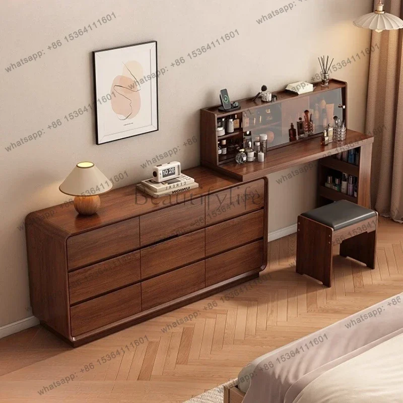 LSMakeup Table Nordic Modern Solid Wood Dresser Chest Integrated Simple Bedroom Dressing Table Bedside Storage  Retractable
